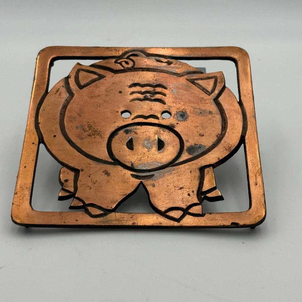 Vintage Pig Face Copper Metal Trivet Wall Hanging Farmhouse Kitchen Decor 5.5in